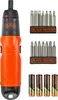 A Black & Decker battery-powered screwdriver set with accessories and batteries, displayed against a white background. Produktbild-Vorschau