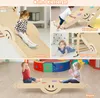 A collage of four images showing different aspects of a wooden climbing set for children, including a slide, climbing ladder, tunnel, and seesaw. Podgląd zdjęcia produktu