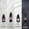 Four steps of Redken hair care products with text labels. Voir les images du produit