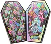 An open coffin-shaped advent calendar with Monster High characters depicted on the front. Produktbild-Vorschau