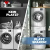 A split image showing laundry appliances and supplies. The left side is in black and white with text asking 'KEIN PLATZ?' (No space?). The right side is in color, showing a stacked washing machine and dryer setup with text 'PLATZ SPAREN!' (Save space!). Voir les images du produit
