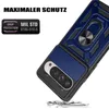 A blue and black phone case with a ring holder is shown at an angle, with text overlays indicating features. Produktbild-Vorschau