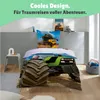 A child's bedroom with a bed featuring tractor-themed bedding. Produktbild-Vorschau