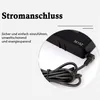 A close-up view of a black power adapter with a coiled cable, with German text describing its features. Produktbild-Vorschau