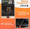 A dog in a car seat cover, with marketing text and close-up images of the product's features. Produktbild-Vorschau