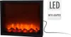 A black electric fireplace with LED flames is shown against a white background. There are two informational badges on the right side of the image. Náhled obrázku produktu