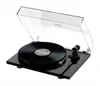 A black turntable with a vinyl record on it, shown from a slightly elevated angle with the dust cover open. Produktbild-Vorschau