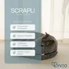 A cat is resting in a cat bed with scratch features, with marketing text overlays. Produktbild-Vorschau