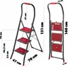 Two views of a red and black folding stepladder with dimensions indicated by text and lines. Anteprima dell’immagine prodotto