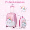 A diagram showing the dimensions of a pink unicorn-themed children's suitcase and backpack set. Produktbild-Vorschau