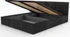 A black upholstered bed frame with the mattress support lifted to reveal the storage space underneath. Produktbild-Vorschau