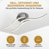 A modern LED ceiling light with three curved arms, shown mounted on a white ceiling. The image includes marketing text and icons highlighting product features. Produktbild-Vorschau