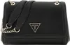 A black Guess handbag with a silver chain strap and a silver Guess logo on the front. Produktbild-Vorschau