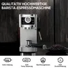 A silver and black espresso machine is shown in front of a dark, textured background. There are also icons and text describing features at the bottom of the image. Produktbild-Vorschau