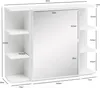A white bathroom cabinet with a mirror and shelves, with dimensions indicated by text overlays. Produktbild-Vorschau