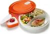 A bento-style lunchbox with food and a separate container with yogurt and a strawberry. Produktbild-Vorschau