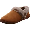 A single brown slipper with faux fur trim and a button detail is shown against a white background. Produktbild-Vorschau