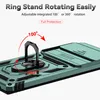 Close-up of a green phone case with a rotating ring stand and a sliding camera cover. Produktbild-Vorschau