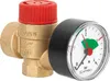 A close-up shot of a brass pressure relief valve with a red cap and a pressure gauge attached. Produktbild-Vorschau