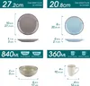 This image displays the dimensions and capacities of a dinnerware set, showing individual pieces like plates, bowls, and mugs with measurements in both inches and centimeters, as well as volume in milliliters. Náhled obrázku produktu