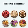 A collage of six circular images showcasing different food items and ingredients, with German text overlaying the top of the image. Produktbild-Vorschau