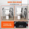 Collage showing a toilet safety bar in use next to a toilet, folded, and in the trunk of a car. Produktbild-Vorschau