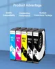 A product shot of five ink cartridges arranged in a row, with marketing text above. Produktbild-Vorschau