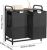 A laundry sorter with a wooden top and two black fabric bins, with dimensions indicated by text overlays. Náhľad obrázku produktu