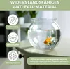 A goldfish in a clear bowl on a table, with marketing text and icons on the left. Produktbild-Vorschau