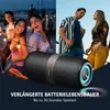 A split image showing people enjoying music outdoors with a portable Bluetooth speaker. Produktbild-Vorschau