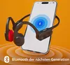 A pair of black and red bone conduction headphones are shown wrapped around a smartphone displaying a Bluetooth connection icon. Náhled obrázku produktu