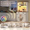 A white sideboard with wooden top, featuring LED lighting and a remote control, shown in a kitchen setting and as part of a collage of different room applications. Podgląd zdjęcia produktu