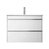 A white bathroom vanity with a chrome faucet against a white background. Produktbild-Vorschau