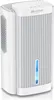 A white electric dehumidifier with a blue water level indicator.