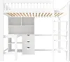 A white loft bed with a desk and shelves underneath, shown from the front. Produktbild-Vorschau