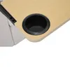 A close-up view of a wooden table with a black cup holder, attached to a beige sofa. Produktbild-Vorschau