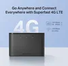 A black Mercusys 4G LTE mobile Wi-Fi router is shown against a light blue and white background, with marketing text and feature callouts. Anteprima dell’immagine prodotto