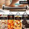 A hand is shown using a rolling pin with measurement markings on a surface, with examples of food items made with different dough thicknesses below. Produktbild-Vorschau