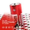 A close-up of a red alkaline battery with text and icons in the foreground. Anteprima dell’immagine prodotto