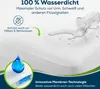 A white mattress protector with water being poured on it to demonstrate its waterproof feature, along with text highlighting its benefits. Produktbild-Vorschau