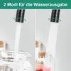 Two split images showing different water flow modes from a black faucet. Produktbild-Vorschau