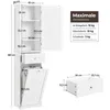 A diagram showing the dimensions and weight capacities of a white bathroom cabinet with a laundry basket and drawer. Produktbild-Vorschau