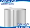 Close-up of the top part of a stainless steel trash can with text overlays. Produktbild-Vorschau