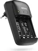 A black battery charger with four slots for batteries. Produktbild-Vorschau
