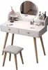 A white vanity table with a round mirror and a stool, set against a white background. Náhľad obrázku produktu