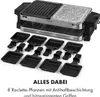 A raclette grill with multiple small pans arranged in front of it, set against a white background. Produktbild-Vorschau