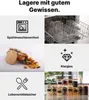 Collage mit klaren Glasvorratsbehältern mit Bambusdeckeln, die Eigenschaften wie spülmaschinenfest, klares Glas und lebensmittelecht hervorhebt Produktbild-Vorschau