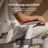 A person's arm resting on the armrest of an ergonomic office chair, with text highlighting the chair's features. Produktbild-Vorschau