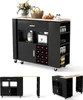 A black kitchen island cart with a wooden countertop, shown in a studio setting with a white background. The cart features shelves, a drawer, a wine rack, and a toaster. Podgląd zdjęcia produktu