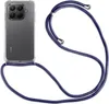 A transparent phone case with a dark blue lanyard attached to a smartphone. Produktbild-Vorschau